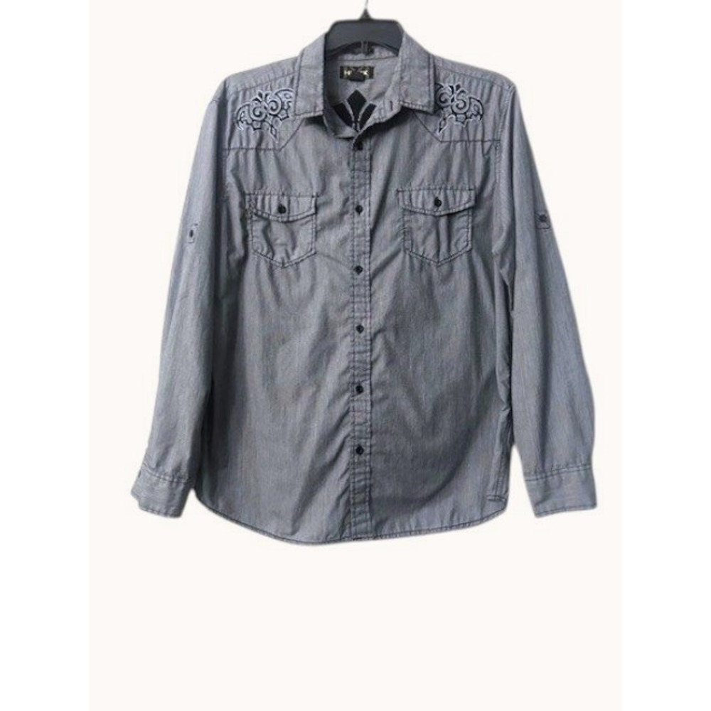 Helix Mens Shirt XL Gray Tribal‎ Embroidered Gothic Grunge Clubbing Y2K Style